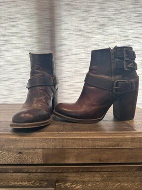 freebird Dark Brown Leather Buckle Heel Ankle Boots